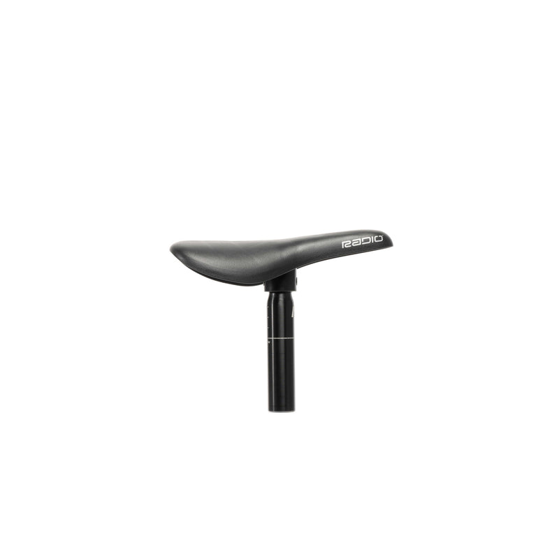 RACELINE slim lightweight black bike seat and seatpost combo with nylon base and alloy post, 27.2mm diameter, 110mm length, 169g weight