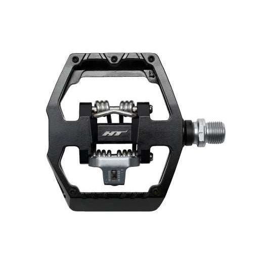 Black HT COMPONENTS GD1 BOX PACKING dual function clip and flat bike pedal with aluminum body and CNC machined spindle