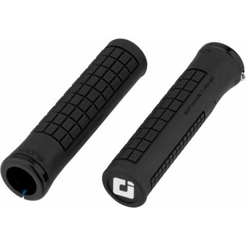 Black ODI BJORN V2.1 Lock-On bicycle grips with textured pattern and single clamp design made from recycled materials for comfort and durability