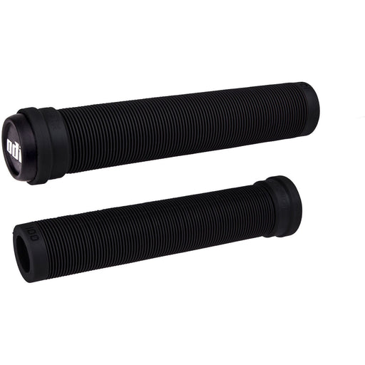 Black ODI BMX Longneck SLX flangeless grips with ribbed texture and end plugs, sold in pairs