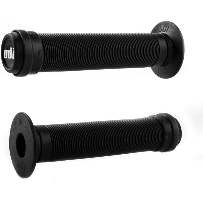Black ODI BMX Longneck grips with ribbed pattern and open ends for end plugs, designed for comfort and durability.