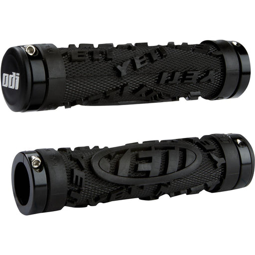 Black ODI MTB Yeti Lock-On Grips with raised logo and slip-free lock-on system for mountain bikes