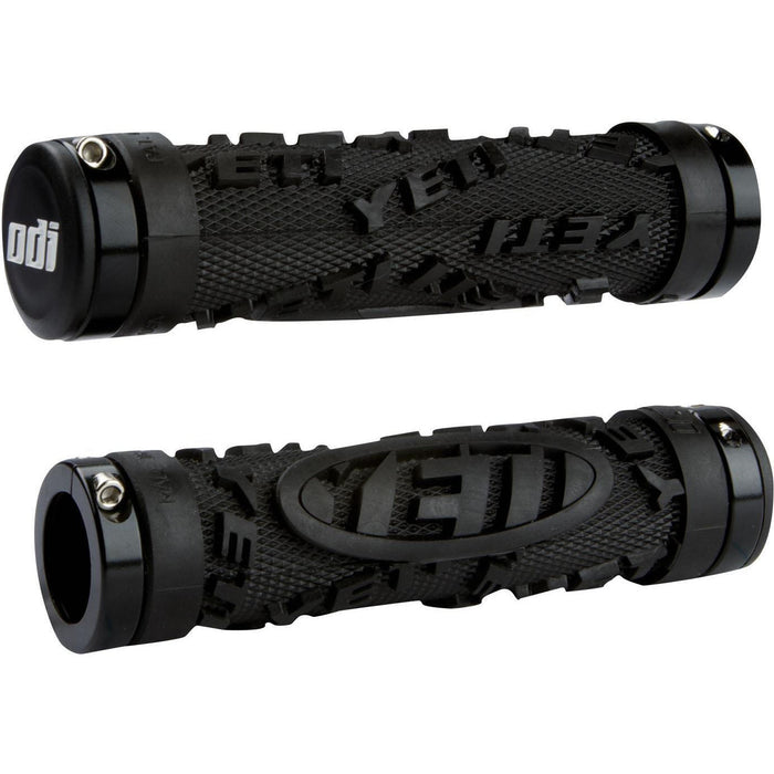 Black ODI MTB Yeti Lock-On Grips with raised logo and slip-free lock-on system for mountain bikes