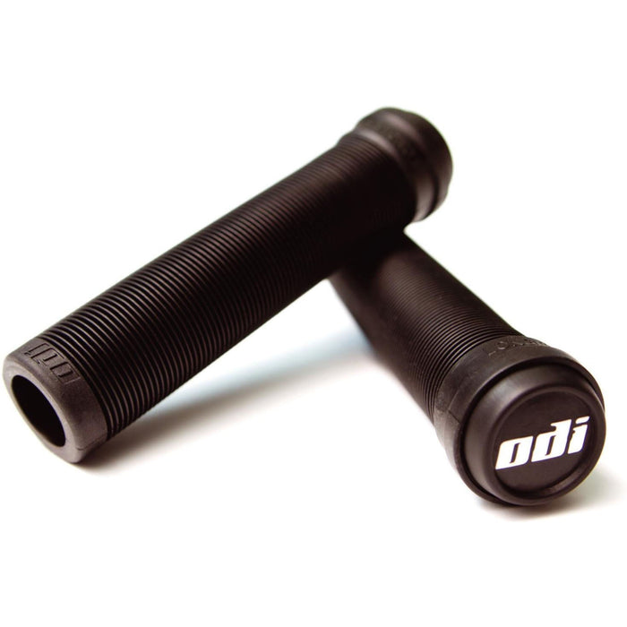 ODI BMX Longneck SL Flangeless black ribbed grips with open ends and white logo end plugs
