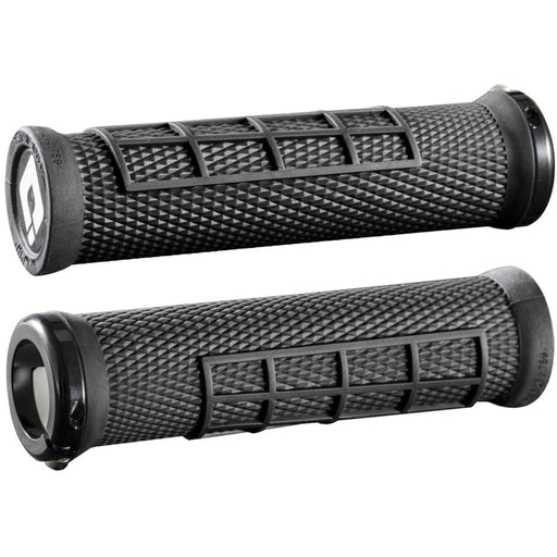 Black ODI MTB grips Elite Flow Lock-On 2.1 with half-waffle pattern and single clamp design for mountain bikes