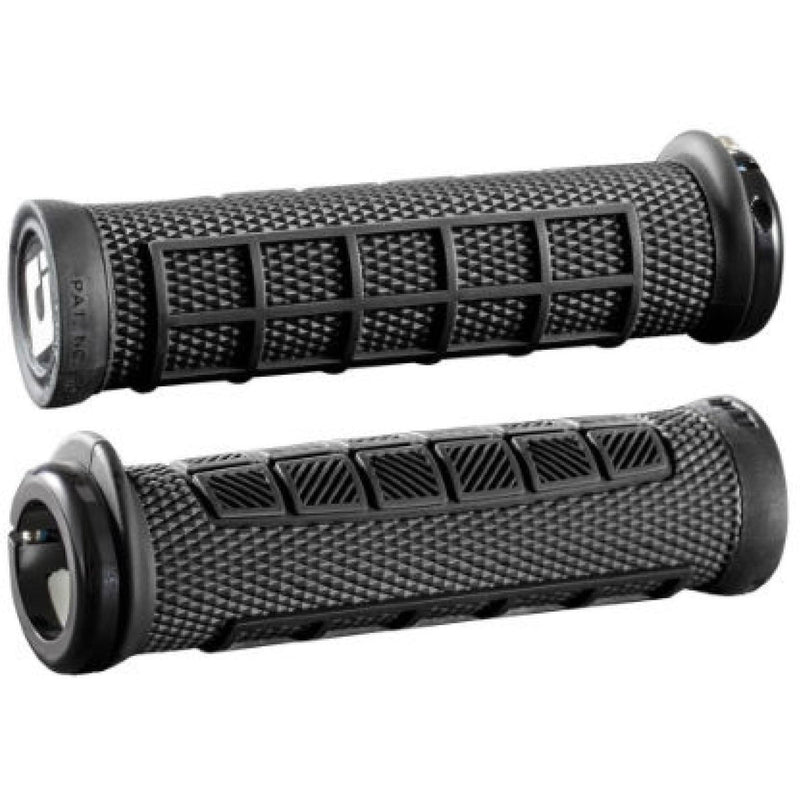 Pair of black ODI ELITE PRO v2.1 Lock-On ergonomic bicycle handlebar grips with variable knurl pattern and single clamp system