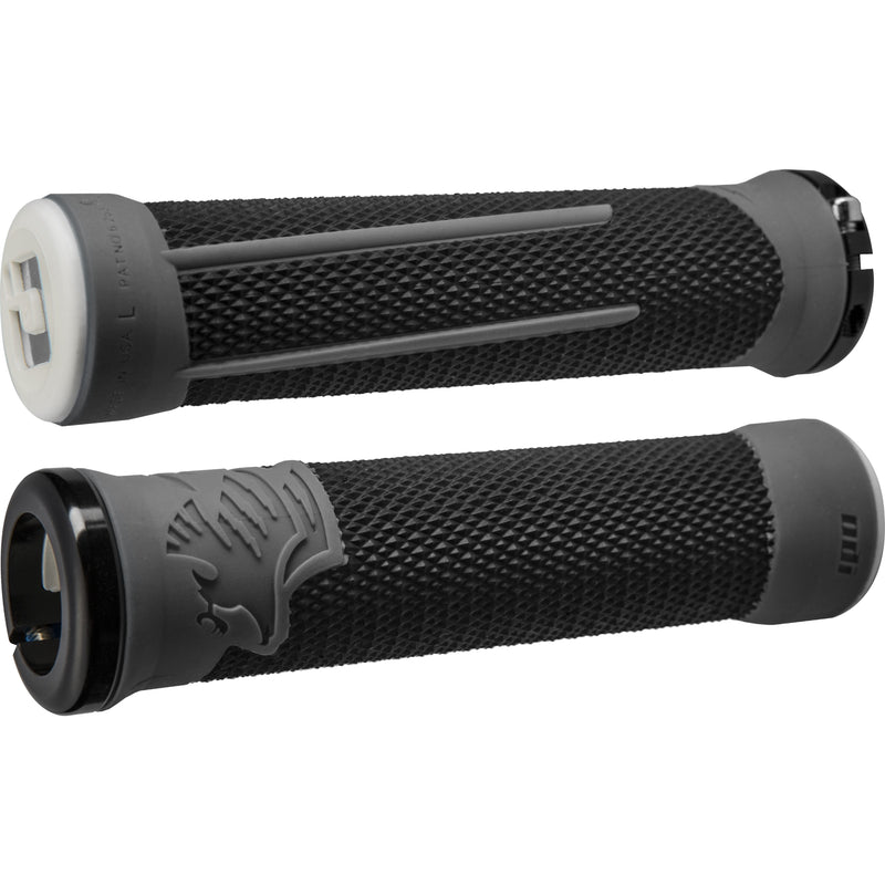 ODI MTB AG 2 LOCK-ON grips black with textured surface and aluminum reinforced locking clamps for mountain bike handlebars
