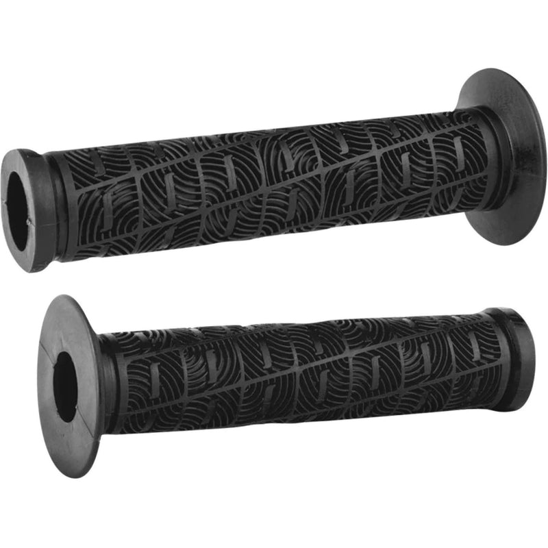 Black ODI BMX O GRIPS with multi-directional rib pattern and push-in end plugs for improved comfort and control