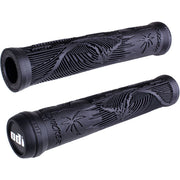 Pair of black ODI BMX grips featuring Mike Hucker signature flange-less design with beach scene texture and soft vertical ribs for padding.