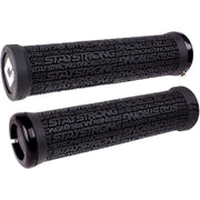 Black ODI Stay Strong V2.1 lock-on bicycle grips with embossed Stay Strong logo and single clamp design