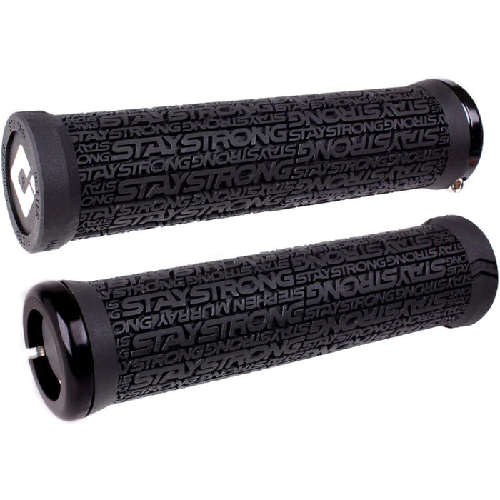 Black ODI Stay Strong V2.1 lock-on bicycle grips with embossed Stay Strong logo and single clamp design