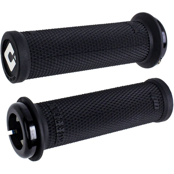 Black ODI GRIPS RUFFIAN MINI V2.1 bike handlebar grips with diamond pattern and single-clamp lock-on system