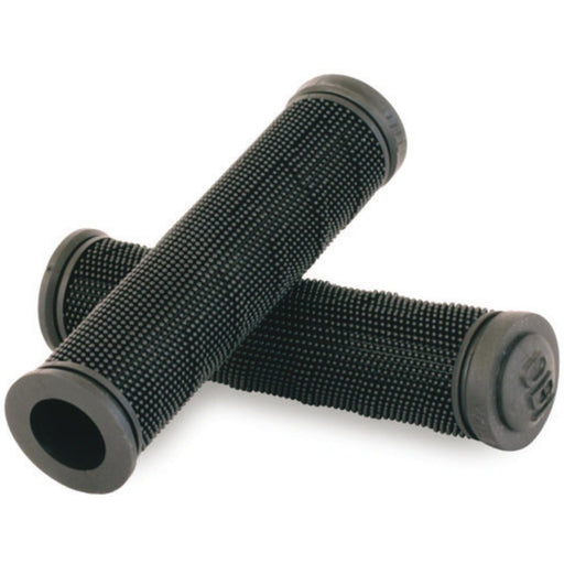 Black ODI Subliminal MTB grips with soft column texture and integrated end plugs for mountain bikes