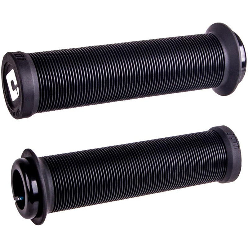 Black ODI Grips Longneck V2.1 lock-on bike handlebar grips with ribbed soft compound design and reinforced ends for comfort and durability