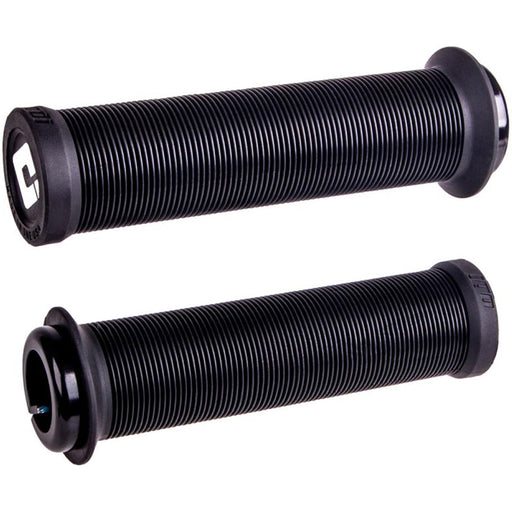 Black ODI Grips Longneck V2.1 lock-on bike handlebar grips with ribbed soft compound design and reinforced ends for comfort and durability