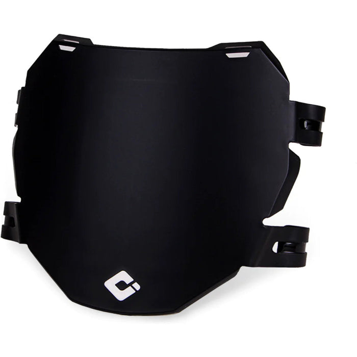 Black ODI number plate with curved, low-profile design for downhill racing bikes, made from flexible fiber reinforced polymer