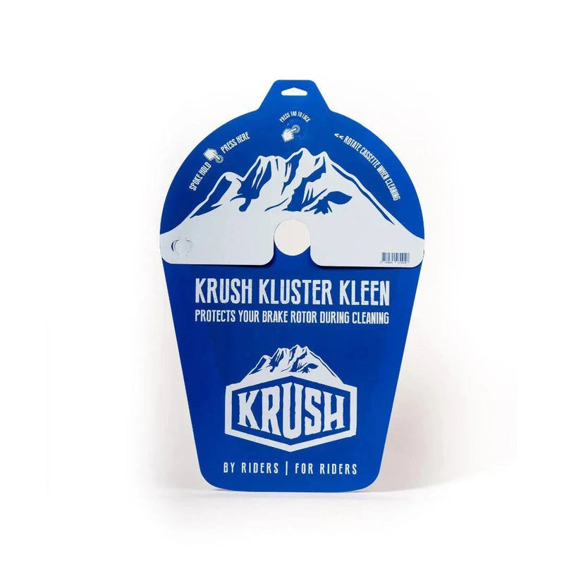 Blue Krush Kluster Kleen Tool packaging with mountain design, protects brake rotor during cleaning, by KRUSH for riders