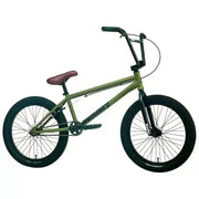 Sunday Scout 20" BMX bike with olive green frame, black Odyssey Path Pro tires, and brown seat, designed for durability and performance