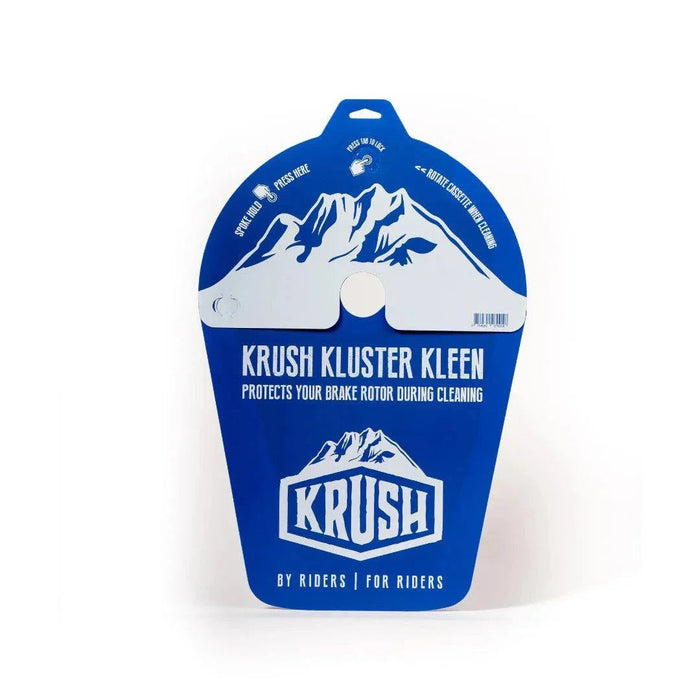 Blue Krush Kluster Kleen Tool packaging with mountain design, protects brake rotor during cleaning, by KRUSH for riders