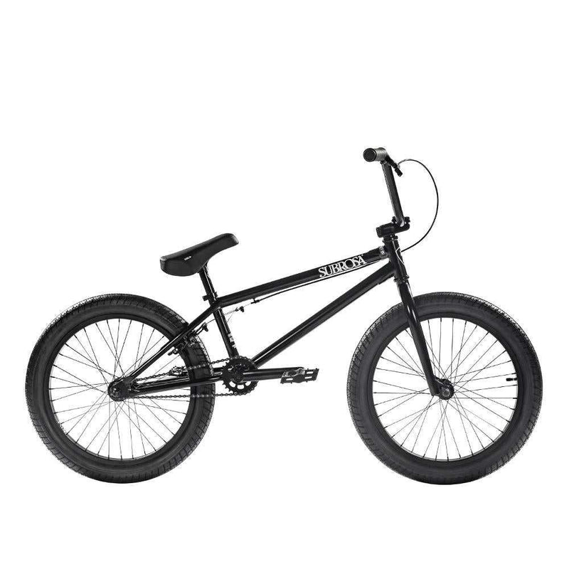 Black SUBROSA ALTUS BMX bike with 20-inch wheels and Hi-Ten steel frame designed for smaller riders.