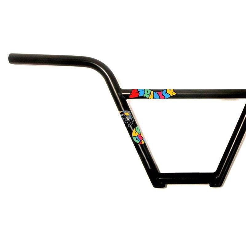 STRANGER ZEFARIA HANDLEBAR black 4-piece BMX bike handlebar with 9.75" rise, 28.5" width, colorful stickers, 4° upsweep, and 11° backsweep