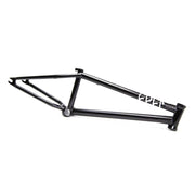 Black CULT TECH BMX bike frame with white CULT TECH logo on the main tube