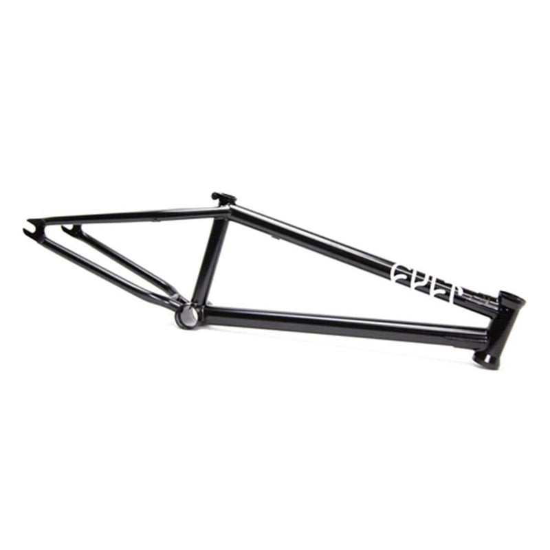 Black CULT TECH BMX bike frame with white CULT TECH logo on the main tube