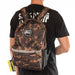 Camouflage STAY STRONG V3 ICON BACKPACK worn by person, featuring multiple compartments for organized storage and 17-inch laptop capacity.