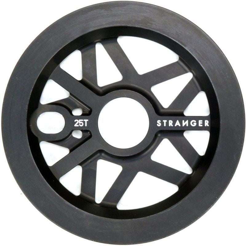 Black CNC machined aluminum Strangergram guard sprocket with 25 teeth, 4-6mm thickness, and 4.2oz weight