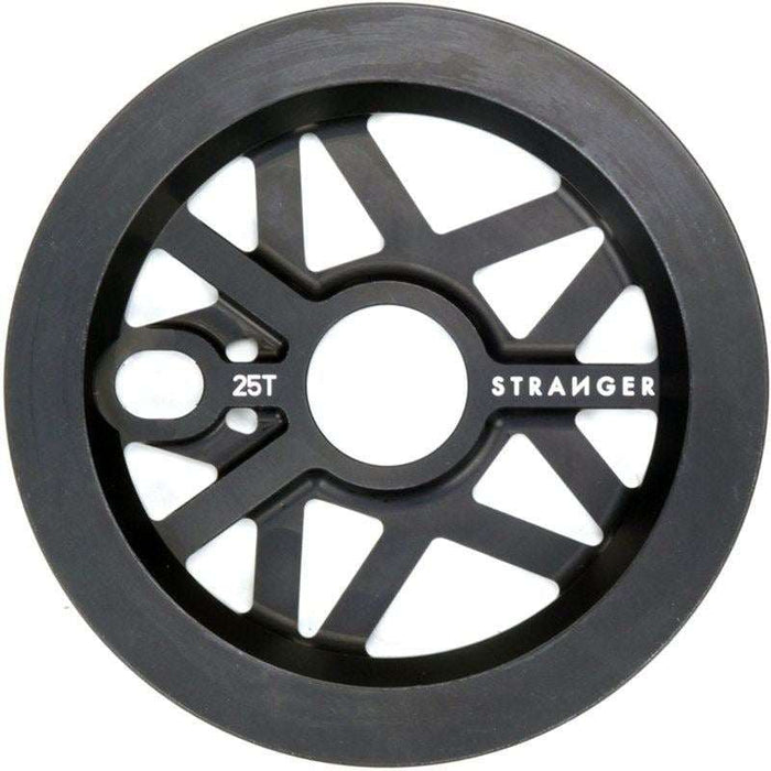Black CNC machined aluminum Strangergram guard sprocket with 25 teeth, 4-6mm thickness, and 4.2oz weight