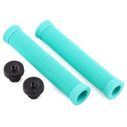 Stranger Piston SuuuperSoft wavey ribbed turquoise rubber grips with black bar end plugs.