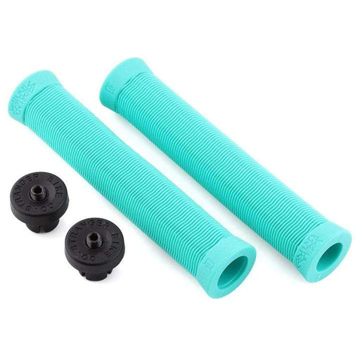 Stranger Piston SuuuperSoft wavey ribbed turquoise rubber grips with black bar end plugs.