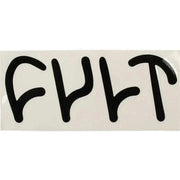 Black stylized CULT die-cut sticker measuring 16cm by 6.5cm on white background