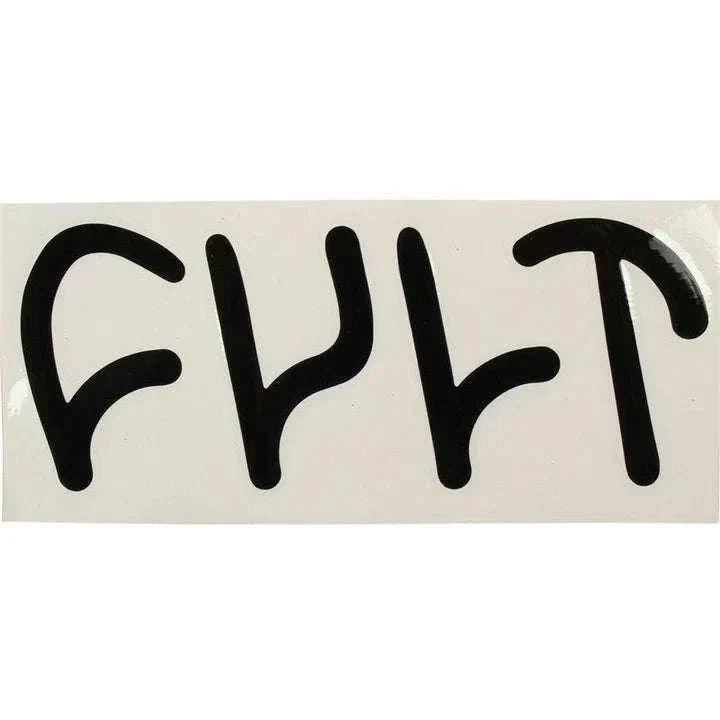 Black stylized CULT die-cut sticker measuring 16cm by 6.5cm on white background