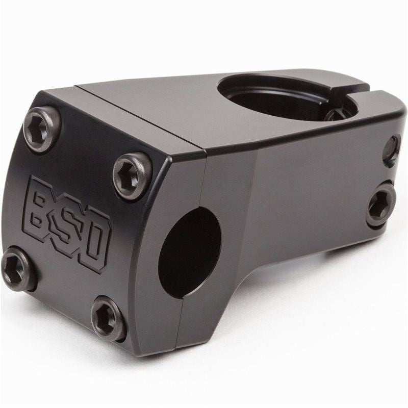 Black BSD Dropped Frontloader Stem with 10mm rise and 50mm reach, CNC machined from 6061-T6 aluminum for BMX bikes