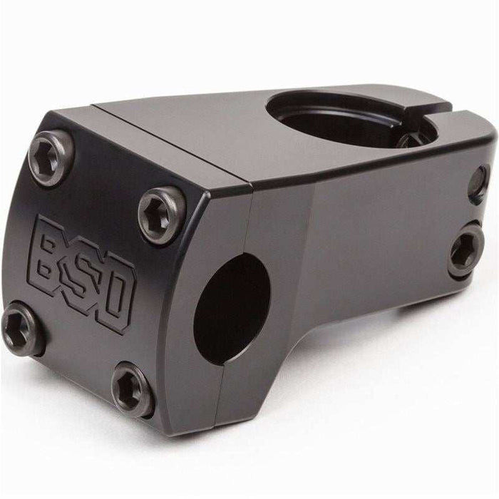 Black BSD Dropped Frontloader Stem with 10mm rise and 50mm reach, CNC machined from 6061-T6 aluminum for BMX bikes