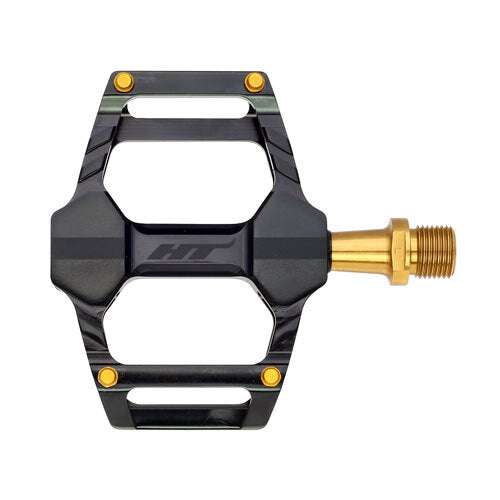 HT Components ARS06T black and gold CNC machined aluminum platform pedal with sealed bearings and replaceable pins