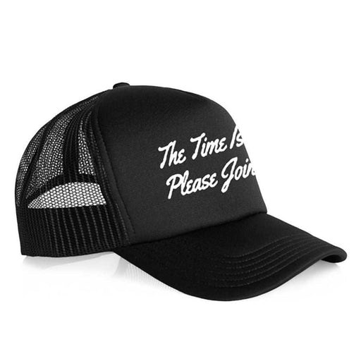 Black Cult Time Is Now trucker cap with white embroidered text and breathable mesh back