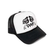 Black and white adjustable CULT SO SAD trucker cap with sad face logo and rear snap closure