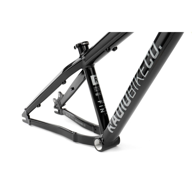 Close-up of black RADIO GRIFFIN PRO hydroformed BMX bike frame with lightweight 6061-T6 alloy tubing and RADIO BIKE CO branding