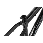 Close-up of black RADIO GRIFFIN PRO bicycle frame with hydroformed tubing and crankstopper bolt system