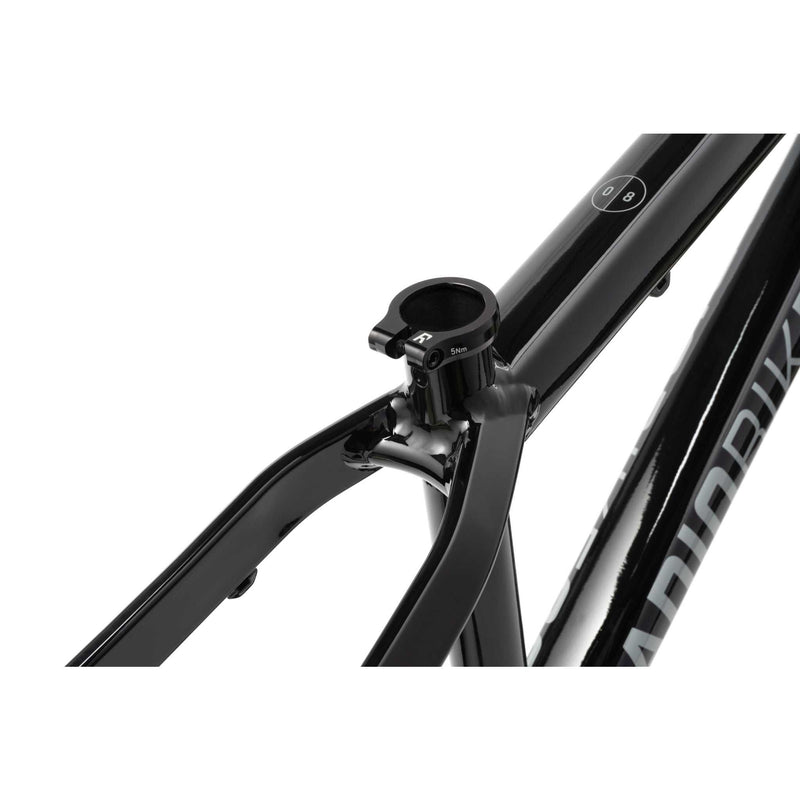 Close-up of black RADIO GRIFFIN PRO bicycle frame with hydroformed tubing and crankstopper bolt system