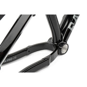 Close-up of black RADIO GRIFFIN PRO hydroformed alloy BMX bike frame with crankset area and rear dropouts.