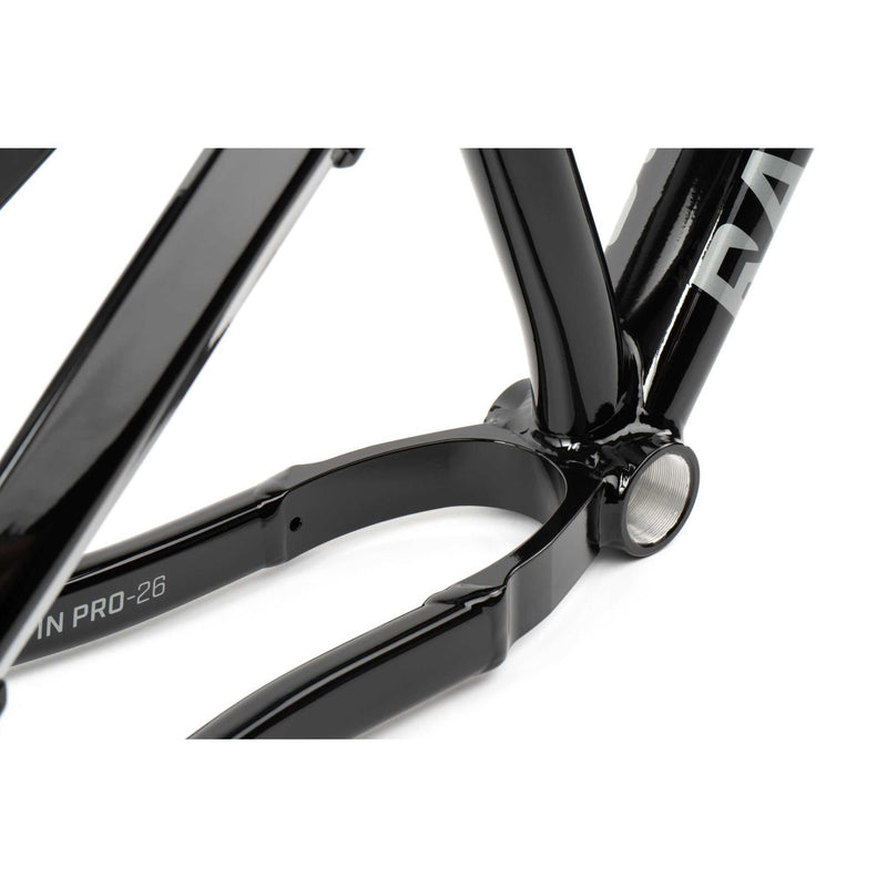 Close-up of black RADIO GRIFFIN PRO hydroformed alloy BMX bike frame with crankset area and rear dropouts.
