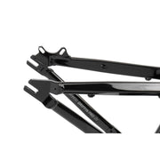 Close-up of black RADIO GRIFFIN PRO hydroformed aluminum BMX bike frame with gyro/rotor tab holes and Crankstopper bolt system.