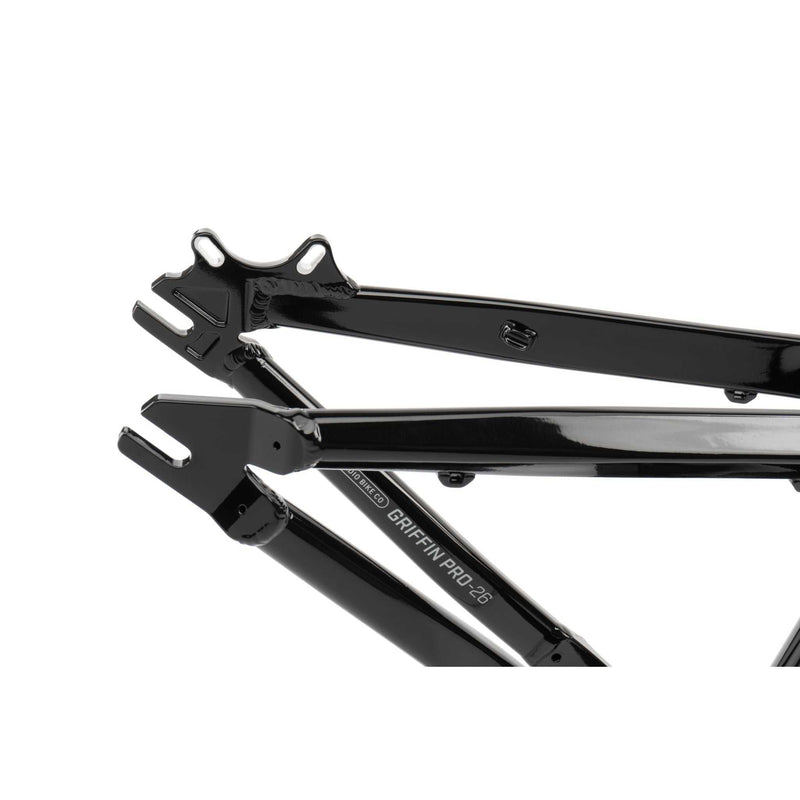 Close-up of black RADIO GRIFFIN PRO hydroformed aluminum BMX bike frame with gyro/rotor tab holes and Crankstopper bolt system.