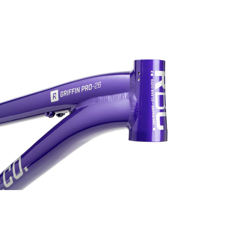 Close-up of purple RADIO GRIFFIN PRO hydroformed BMX bike frame with gyro tabs and Crankstopper bolt system