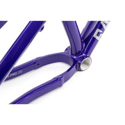 Close-up of purple RADIO GRIFFIN PRO hydroformed BMX bike frame bottom bracket area showing sturdy welds and design details