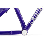 Close-up of purple RADIO GRIFFIN PRO BMX bike frame bottom bracket and down tube section