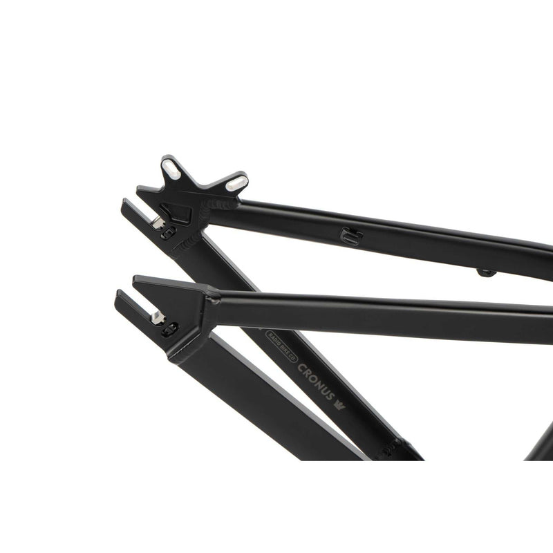 Close-up of black CRONUS Frame rear triangle with integrated chain tensioners and dropout mounts for dirt jump bike.